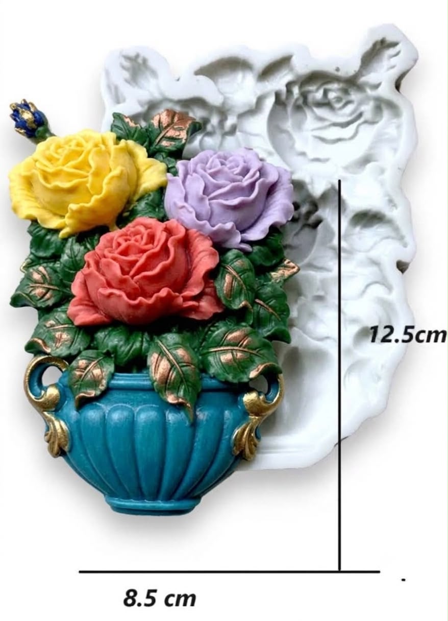 Flower Pot Mould - Rose Bunch in Pot, 12.5 x 8.5 cm (Fondant, Candle & Resin Mould)