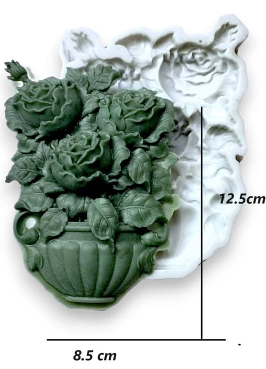 Flower Pot Mould - Rose Bunch in Pot, 12.5 x 8.5 cm (Fondant, Candle & Resin Mould)