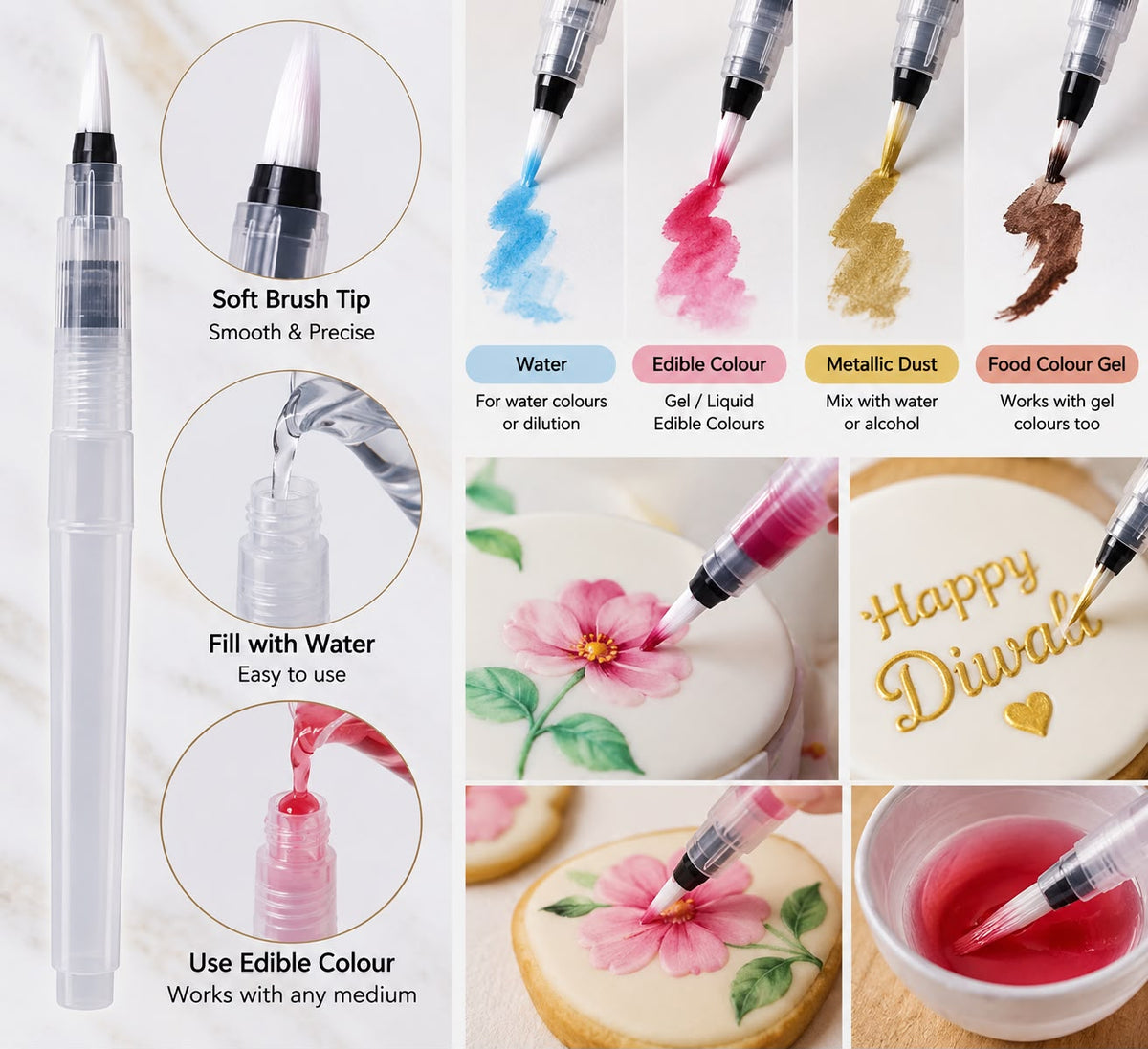 Fillable Brush Pen Pack of 2 | Water Brush Pen for Cake, Cookie & Fondant Painting