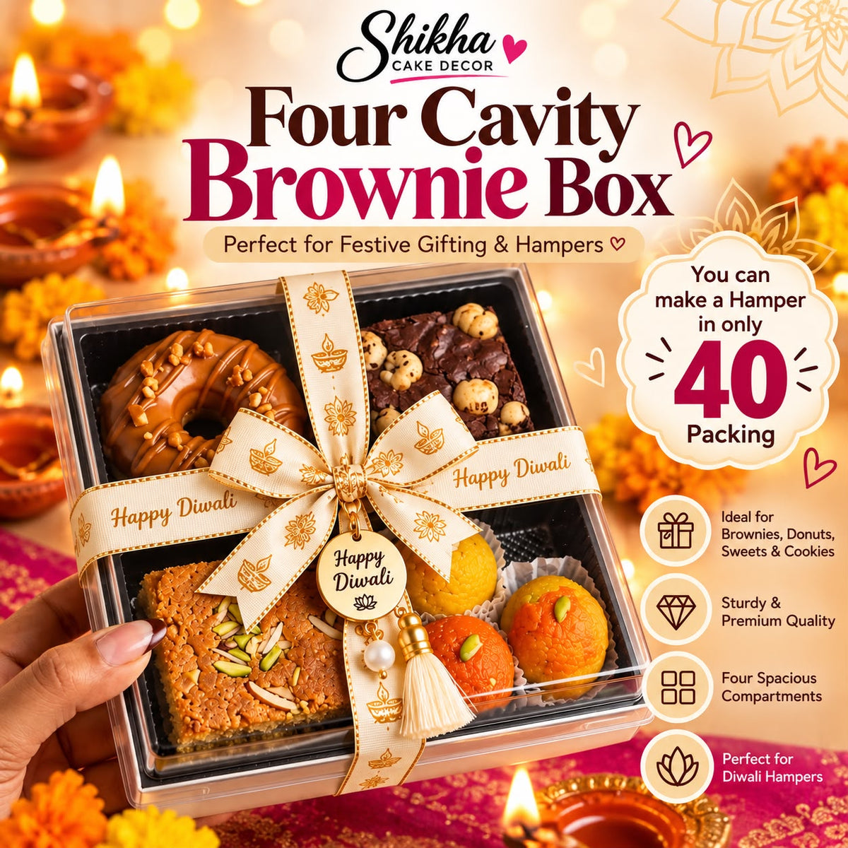 4 Cavity Hamper Box with Clear Lid and Black Insert - 7 x 7 inch (Pack of 10)