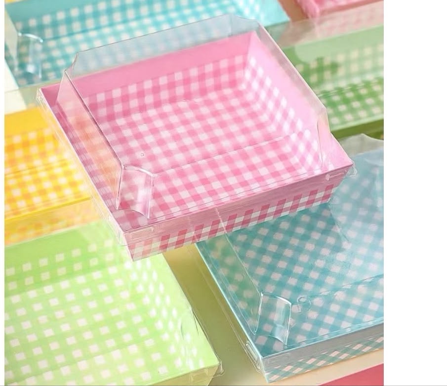 Tea Time Cake Square Box with Lid 5x4.5x1.5 inch - Bake and Serve Check Bento Box (Pack of 10)