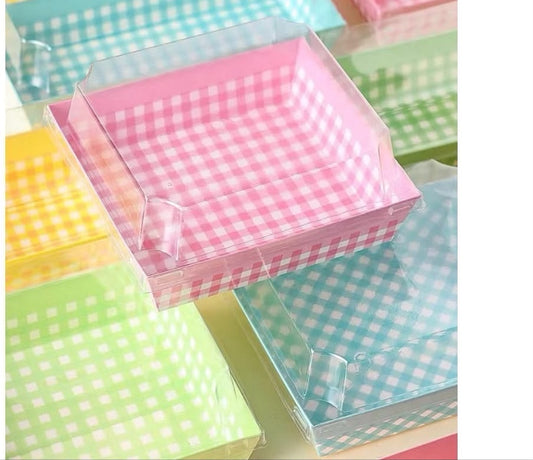 Tea Time Cake Square Box with Lid 5x4.5x1.5 inch - Bake and Serve Check Bento Box (Pack of 10)