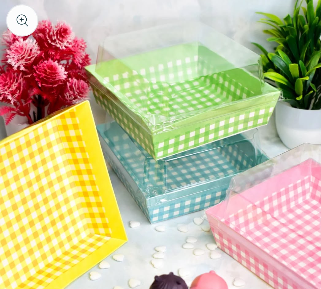 Tea Time Cake Square Box with Lid 5x4.5x1.5 inch - Bake and Serve Check Bento Box (Pack of 10)