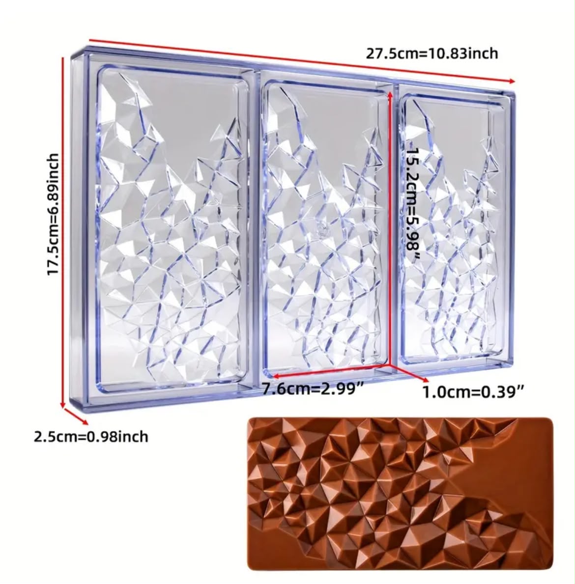 Diamond Chocolate Bar Polycarbonate Mould - 3 Cavity 15.2 x 7.6 cm