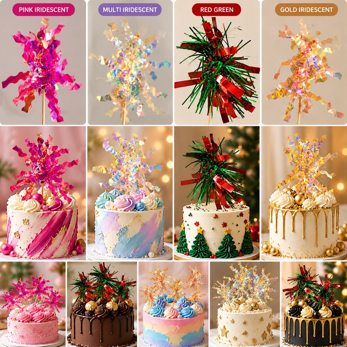 Filler Topper Glitter Tinsel Cake Picks - Pack of 10 Assorted