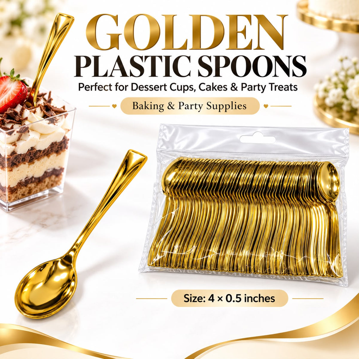 Golden Chrome Plastic Spoons - Pack of 50 Dessert Spoons 4 inch