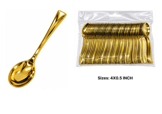 Golden Chrome Plastic Spoons - Pack of 50 Dessert Spoons 4 inch