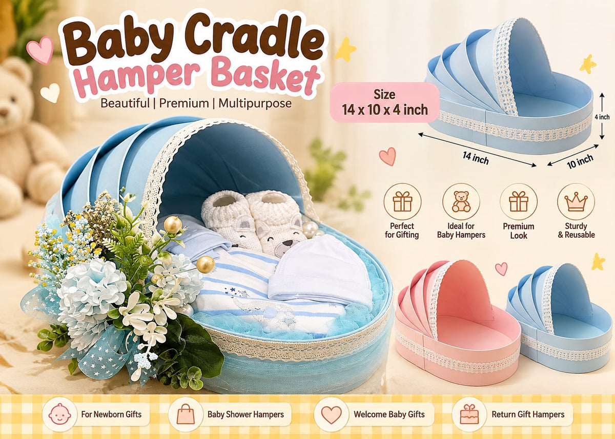 Baby Cradle Hamper Basket with Lace - 14 x 10 x 4 inch Pink and Blue