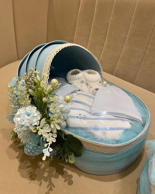 Baby Cradle Hamper Basket with Lace - 14 x 10 x 4 inch Pink and Blue