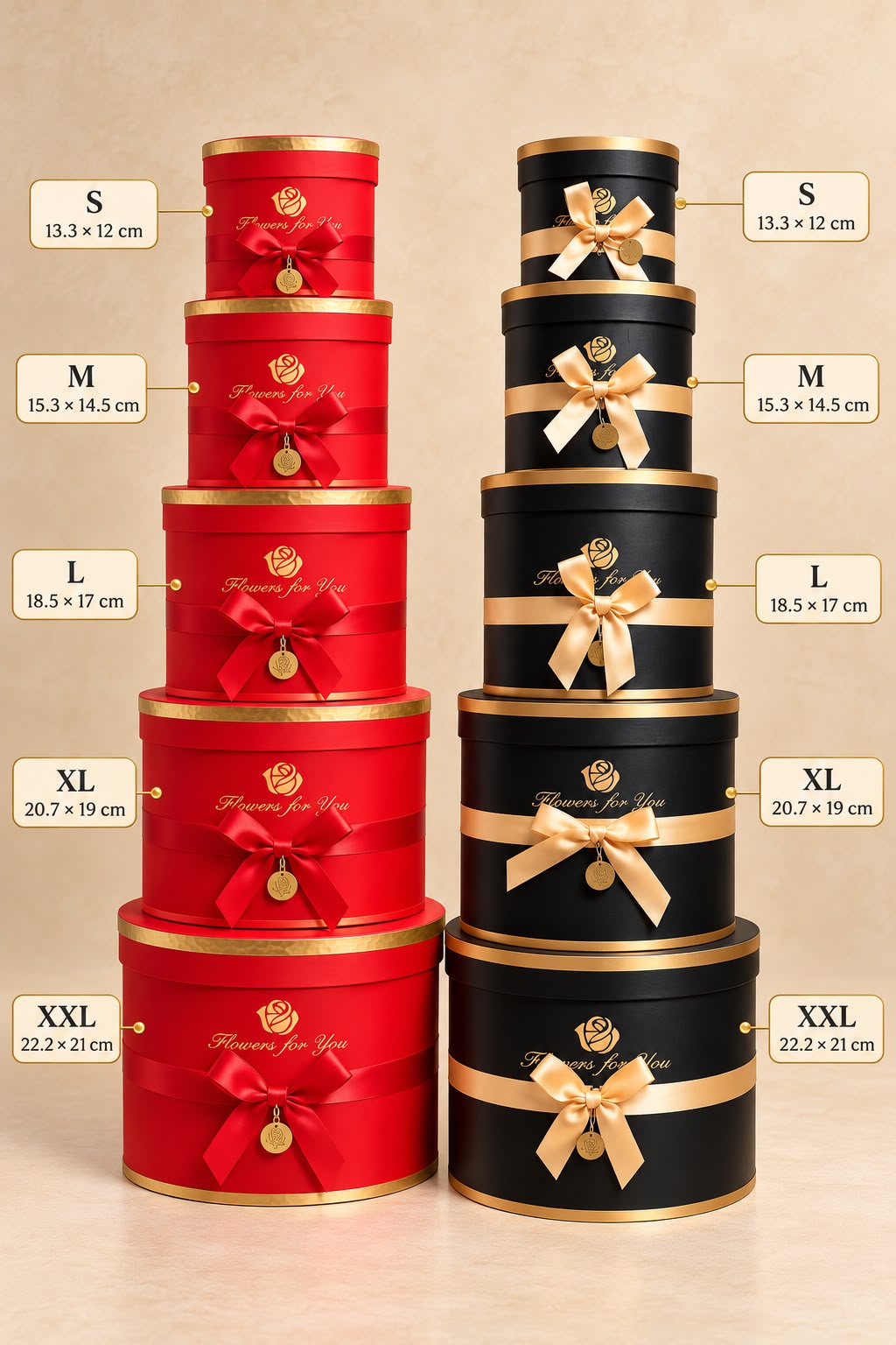 Round Flower Gift Box Set of 5 with Bow and Medallion - Bouquet, Hamper and Bobo Balloon Box