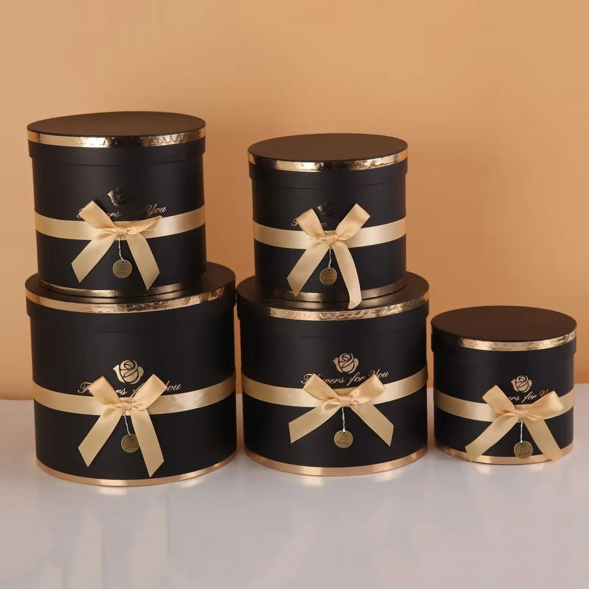 Round Flower Gift Box Set of 5 with Bow and Medallion - Bouquet, Hamper and Bobo Balloon Box