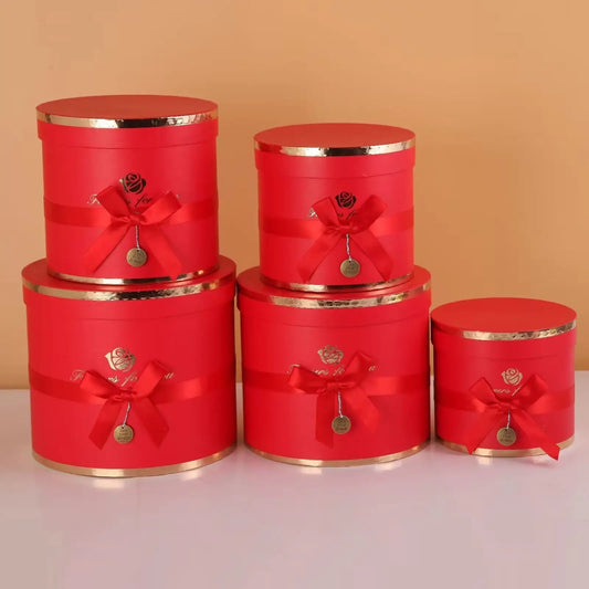 Round Flower Gift Box Set of 5 with Bow and Medallion - Bouquet, Hamper and Bobo Balloon Box