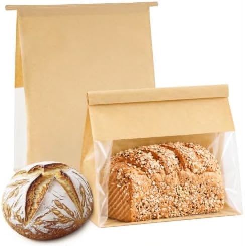Bread Pouch with Clear Window and Tin Tie - Paper Bakery Bags Pack of 10 (5 Sizes)