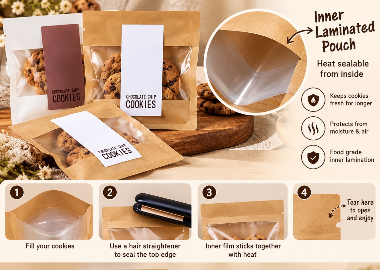 Single Cookie Pouch 4 x 4 inch - Kraft Window Pouch with Inner Lamination, Heat Sealable