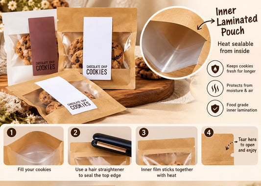 Single Cookie Pouch 4 x 4 inch - Kraft Window Pouch with Inner Lamination, Heat Sealable