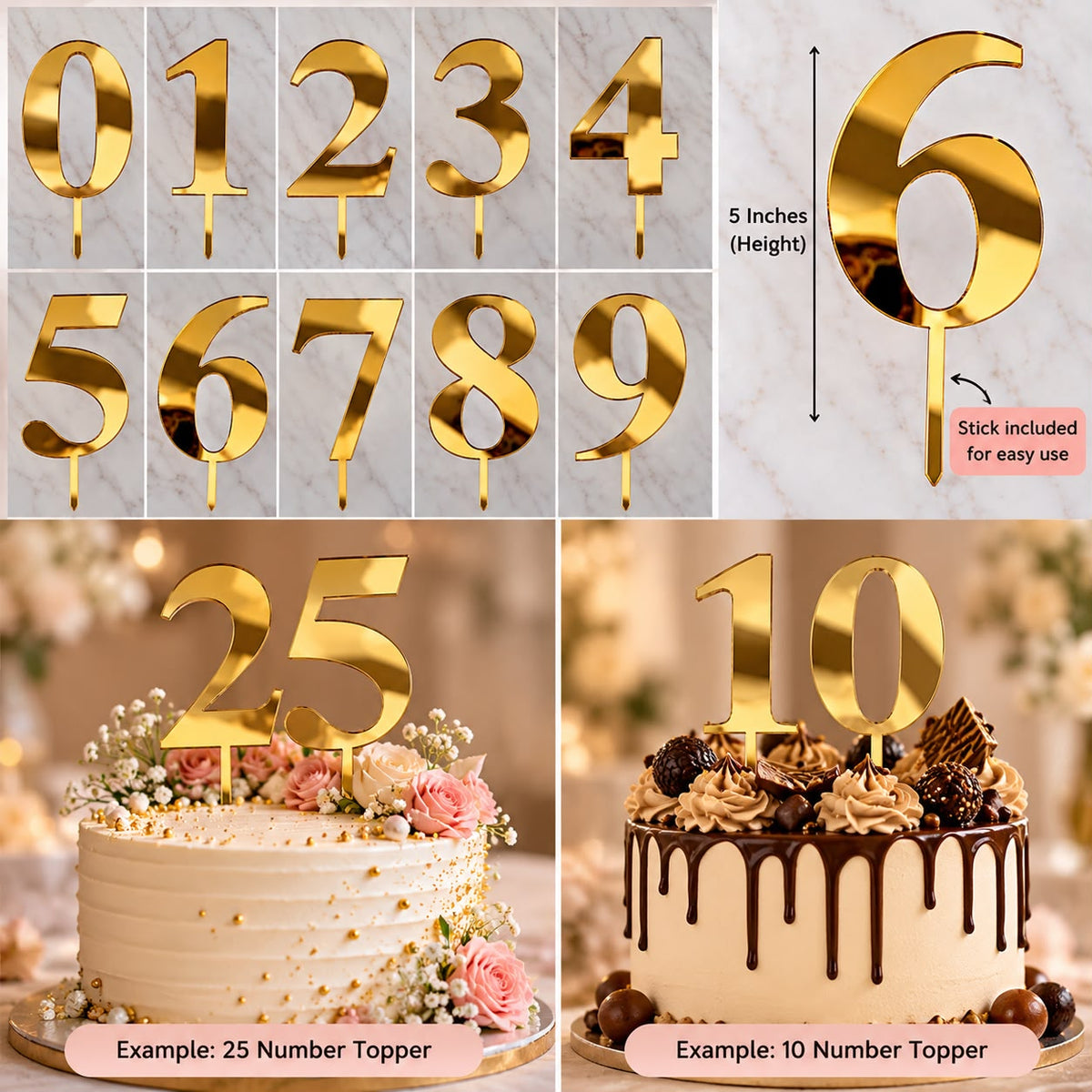 Golden Number Topper Combo of 10 topper 0-9