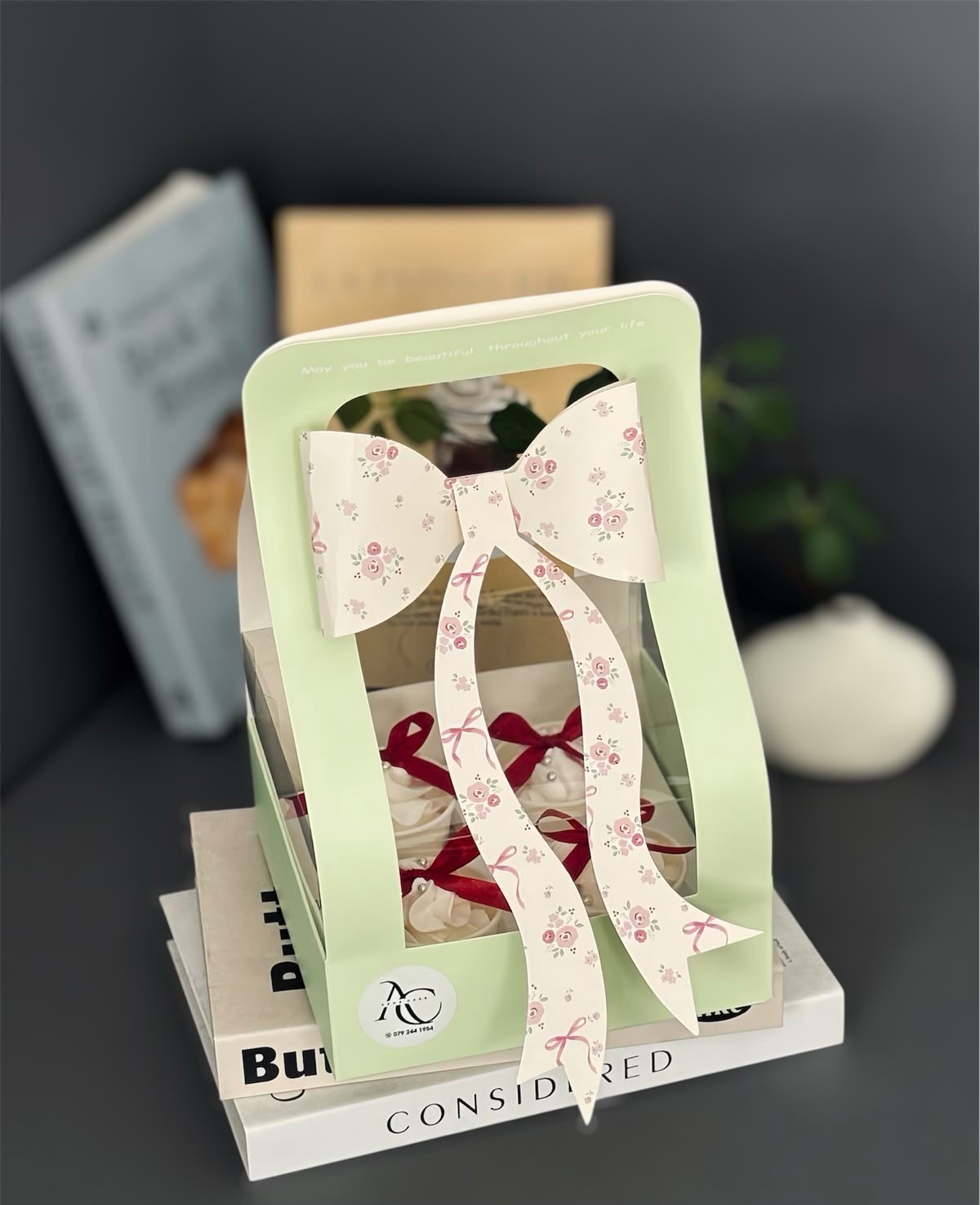 Imported Hamper Box with Floral Bow - 7x7x5 Inch, 4 Cavity, PVC Window