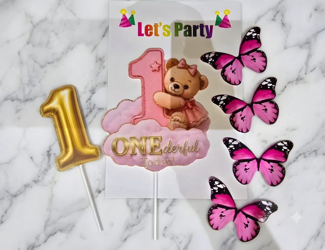 First Birthday Teddy Bear Cake Topper Set - ONEderful Today with Number 1 Balloon Pick and Butterflies