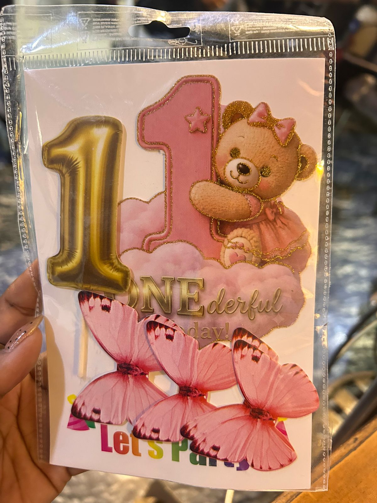 First Birthday Teddy Bear Cake Topper Set - ONEderful Today with Number 1 Balloon Pick and Butterflies