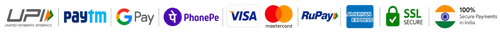 A horizontal row of payment and security logos on a white background, including UPI, Paytm, Google Pay, PhonePe, VISA, Mastercard, RuPay, Apple Pay, SSL Secure, and a 100% Secure Payments badge.